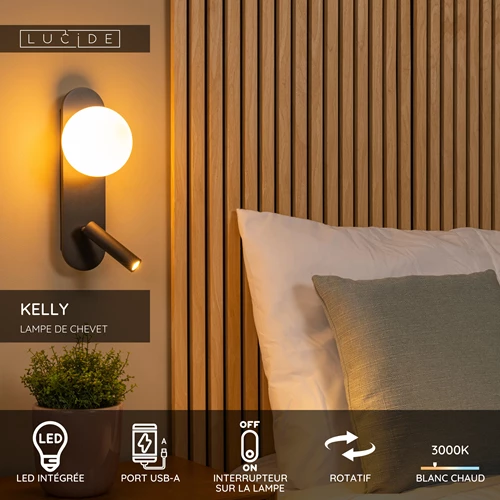 Lucide KELLY - Lampe de chevet / Applique mural - LED - 1x3,5W 3000K - Noir - USP